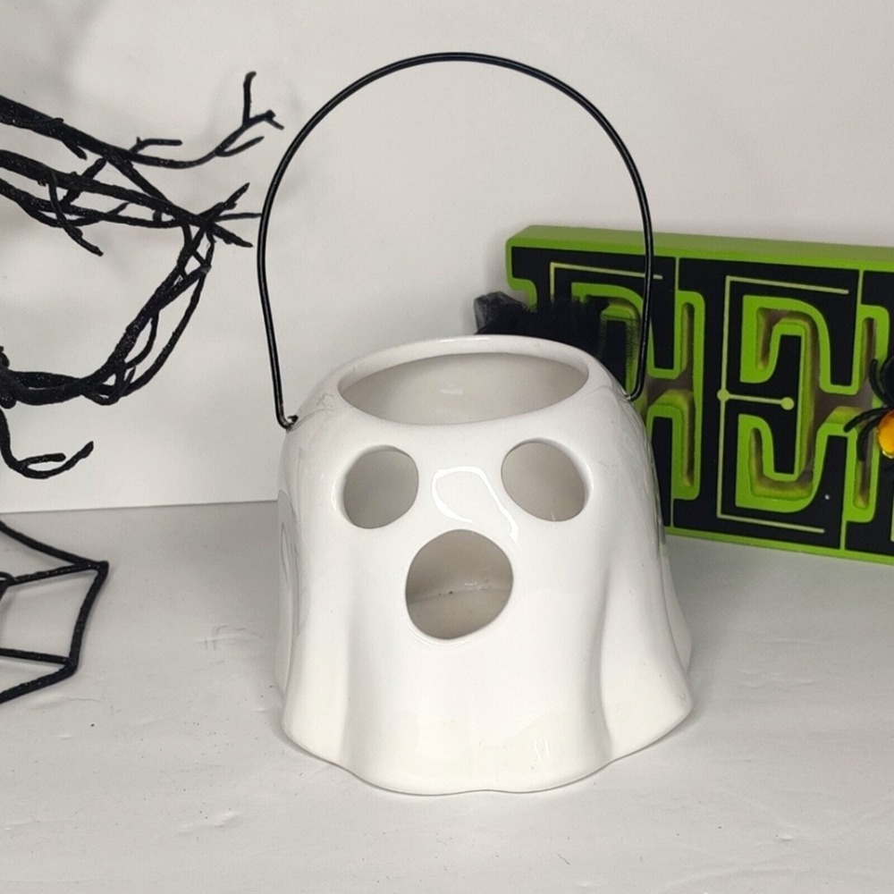 White Ghost Boo Bucket Halloween Candle Holder Flower Vase Lantern Planter